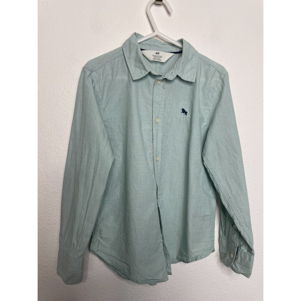 H&M Size 6 Button Up Woven Shirt Mint Green Long Sleeve Cotton Minimalist